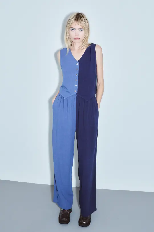 Vest & Pants Soft Linen Lazy Pants Set Blue/Navy