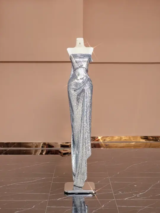Silver sequined sleeveless fitted long ball gown R8405