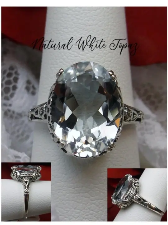 Natural White Topaz Ring, Sterling Silver Edwardian Jewelry #D70