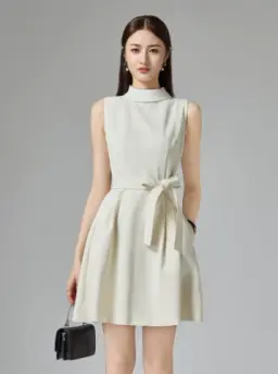 Minimalist White A-Line High Collar Mini Dress with Bow-knot Waist Professional Dress Celebrity Dress RS038