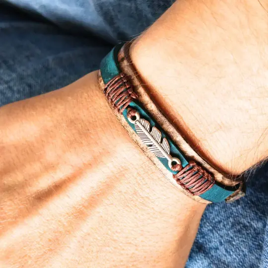 Tan and Petrol Blue Leather Feather Bracelet – Watchband Style