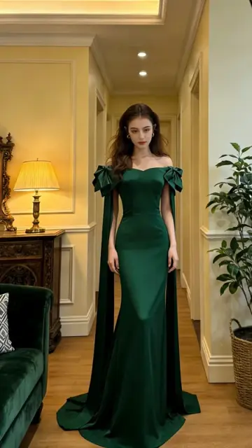 Green off-the-shoulder fitted waist slimming hip-hugging sexy long ball gown R8619