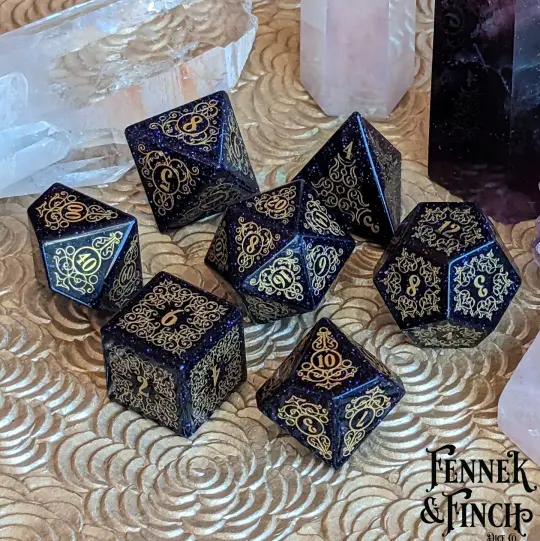 Garden Gate Blue Goldstone Gemstone Dice Set – 7-Piece DnD Dice | Fennek & Finch