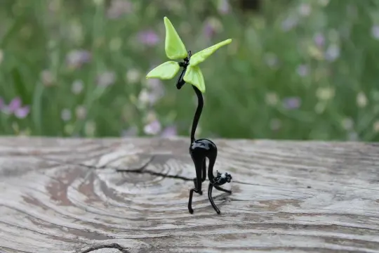 Handmade Black Glass Cat Figurine With Green Butterfly 3 Inches Tall