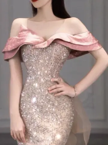 Cute Pink Mermaid Bateau Women Dress with Sequin and Tulle Prom Dress Evening Dress RS049