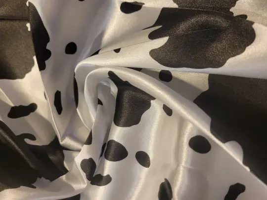 Satin Cow Print Lining Fabric White and Black Animal Print - By the Yard