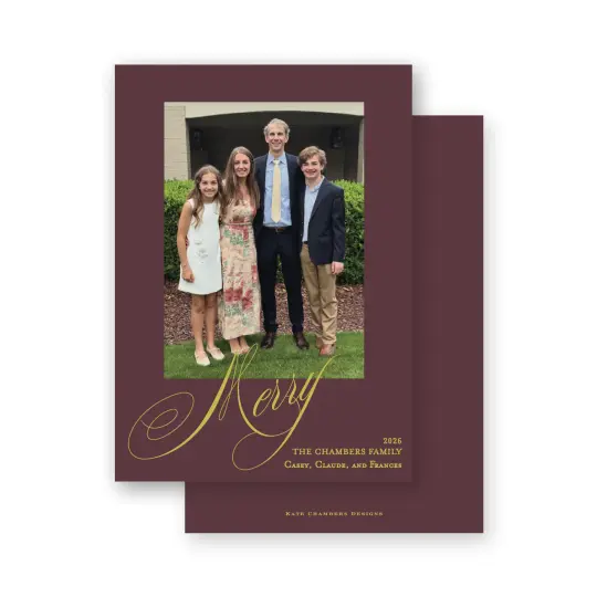 Chartreuse on burgundy "Merry" Holiday Card