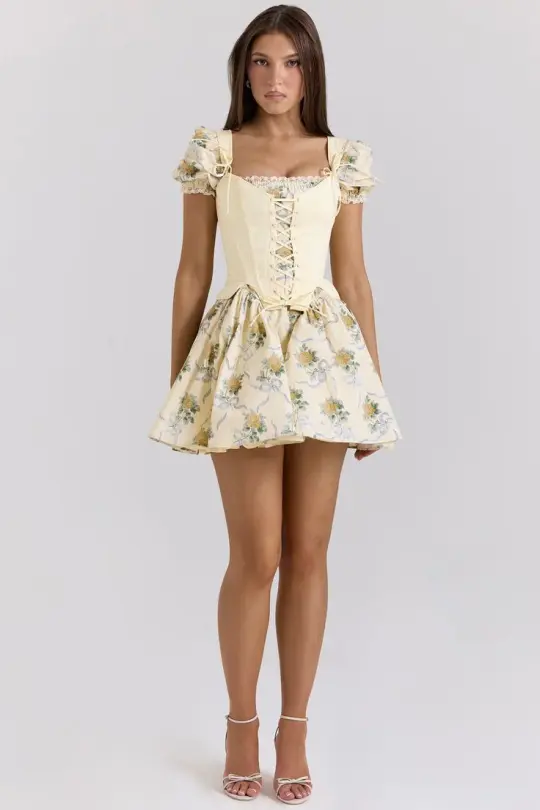 Apricot suspender skirt with floral pattern waist princess puffy skirt homecoming dress R2963