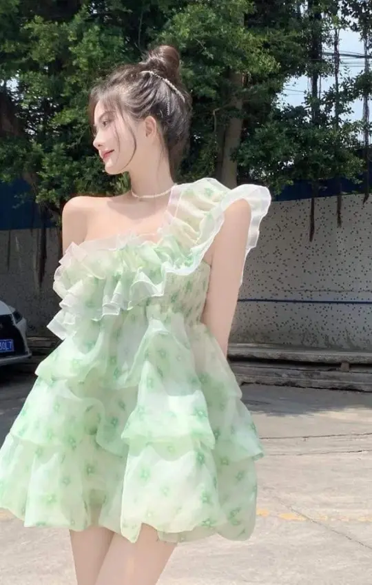 Puffy Floral Women's Homecoming Dress Soft Green Waist Fitted Short Prom Gown Birthday Dress RS3395