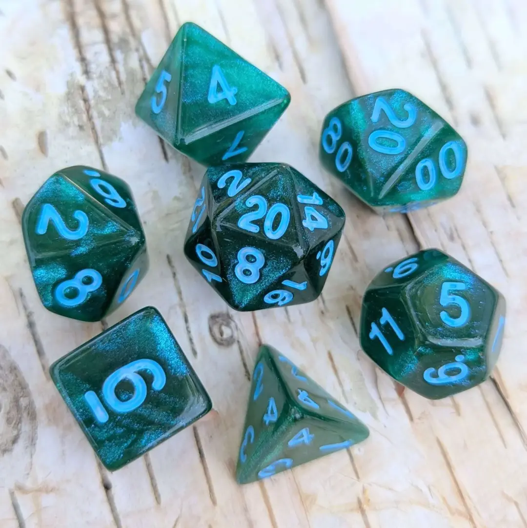 Lake Bottom Dice Set – 7-Piece Sparkly Blue Green TTRPG Dice