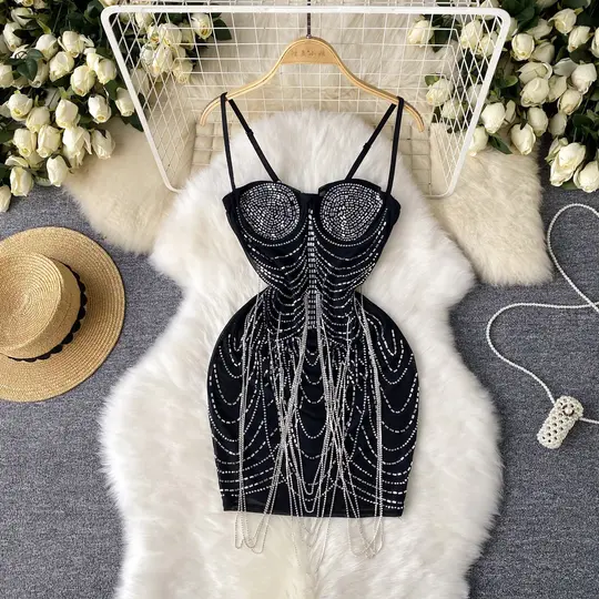 European and American sexy tassel suspender skirt pure desire slim fit dress R2293