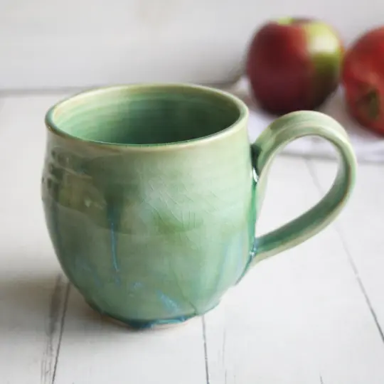 Crackle Green Pottery Mug, 15 Ounce Handmade Coffee Cup, Made in USA