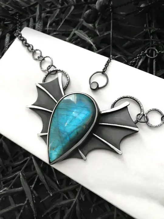 Bat Wing Statement Necklace with Blue Labradorite