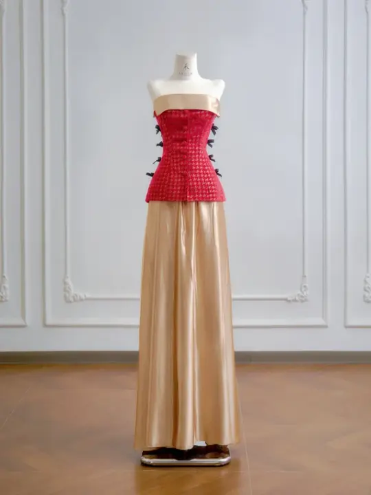 Red strapless fitted top with a gold midi skirt, long ball gown R8184