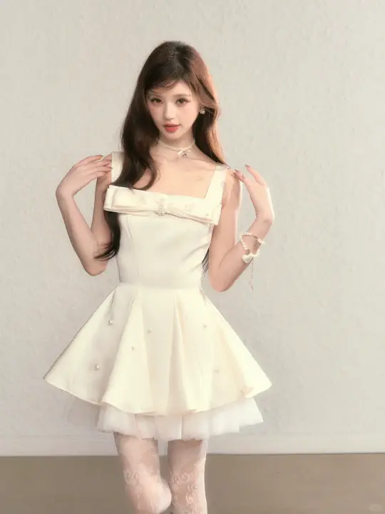 White suspenders waist slim A-line daughter style short skirt homecoming dress R5407