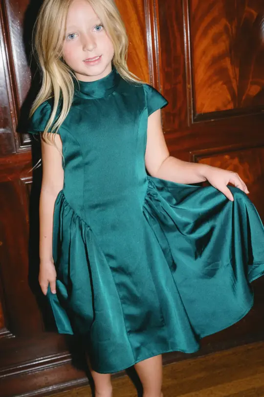 Mini Harriet Bow Dress in Emerald Satin