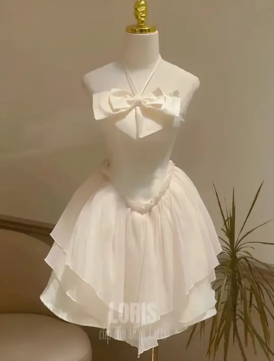 White suspender bow A-line slim skirt homecoming dress R2575