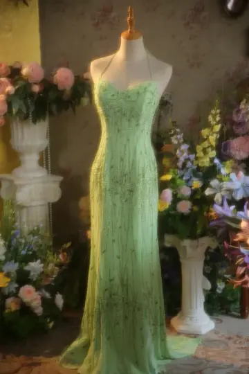 Light green halter neck strap fitted waist long ball gown/bridal dress R7269