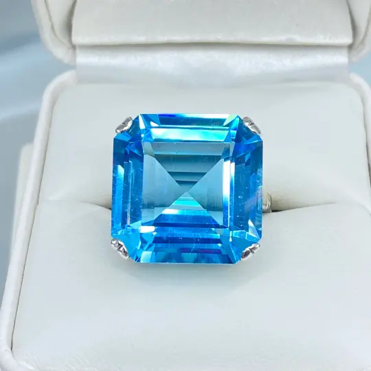 Natural Blue Topaz Ring, Size 9, Huge 20ct Big Square Gem, Vintage Jewelry #D1 - Ready to Ship