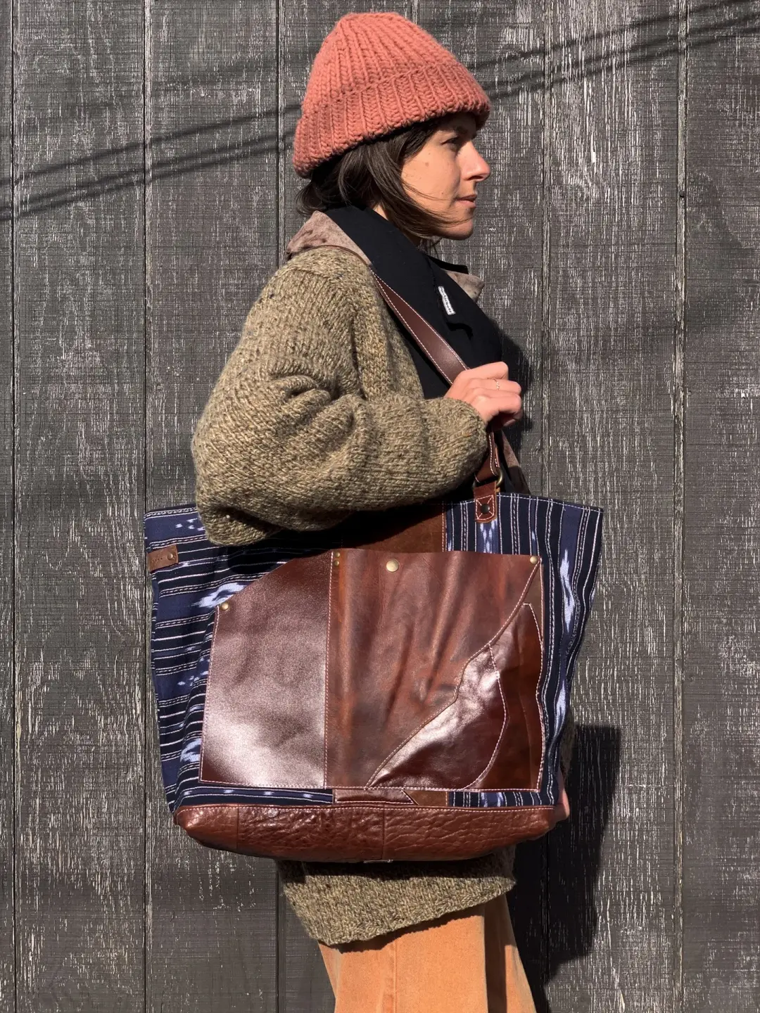 Reclaimed Southwest-inspired Textile and Chestnut Brown Leather Totebag