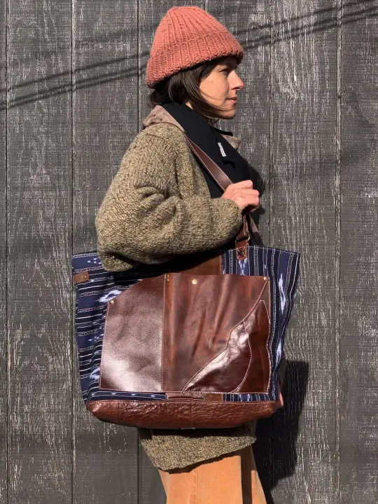 Reclaimed Southwest-inspired Textile and Chestnut Brown Leather Totebag