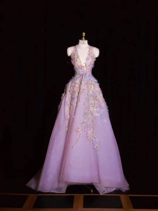 Pinkish-purple halter-neck fitted long ball gown, bridal dress R8952