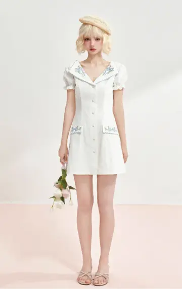 Short-sleeved summer dress V-neck Tencel cotton retro embroidery waist dress R5248