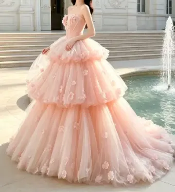 Tulle Puffy Ruffled Corset Prom Gown ,Dreamy Pink Maxi Quinceanera Dress Ball Gown RS1949