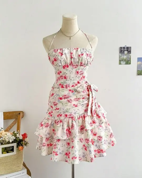 White retro floral floral suspenders waist slim short skirt homecoming dress R3117