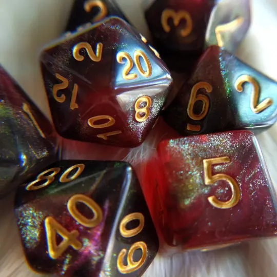 Midnight Rose Galaxy Dice Set – 7-Piece Micro Shimmer Red DnD Dice
