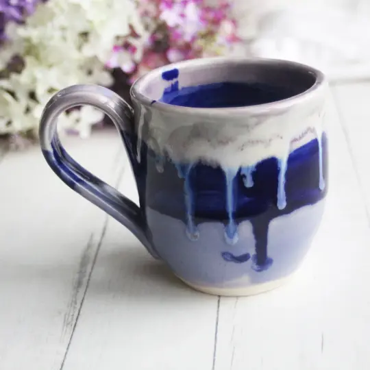 Stoneware Mug in Dripping Blue and Purple Glazes, 13 oz. Handmade Pottery Coffee Cup, Made in USA