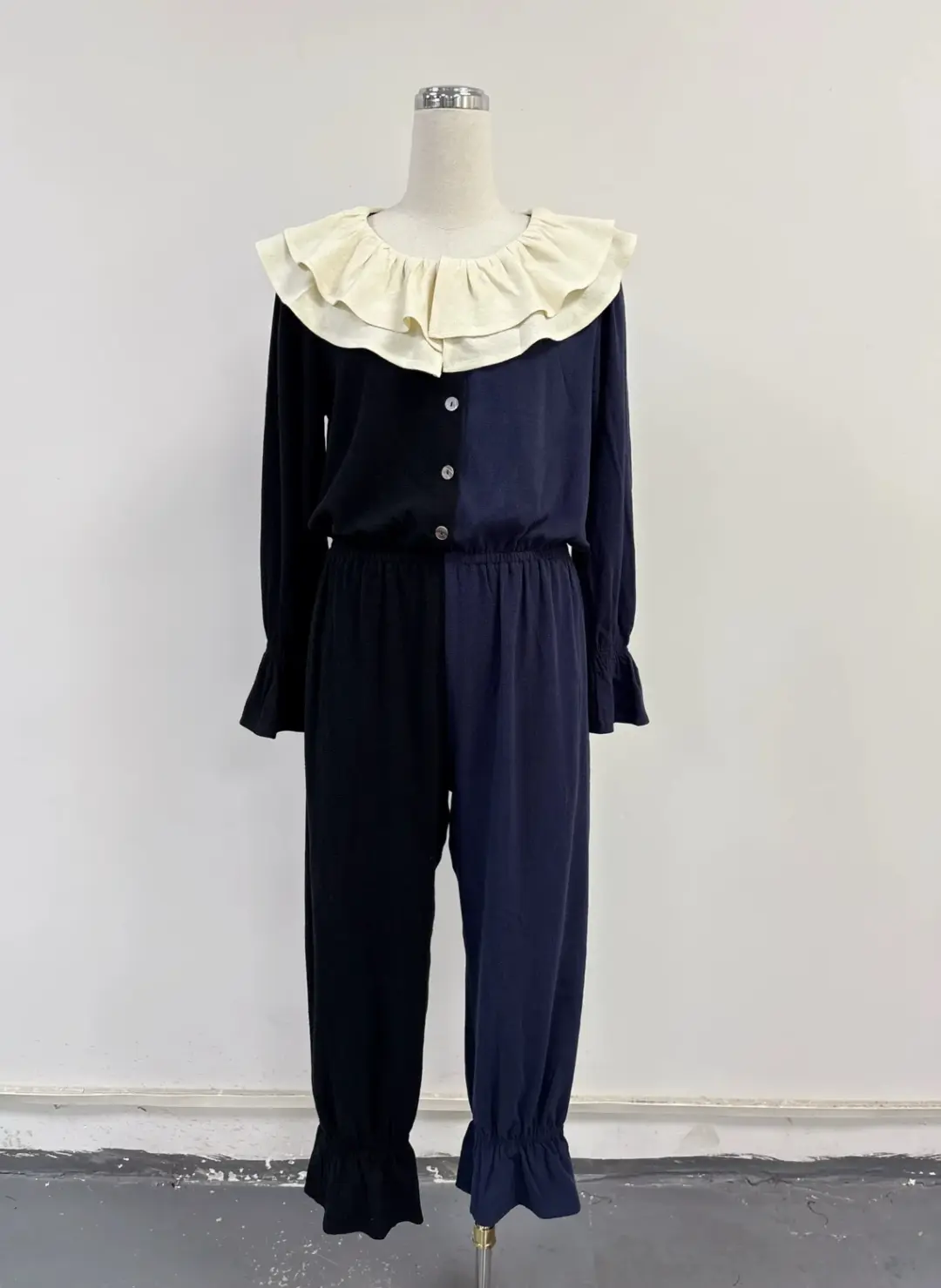 SAMPLE #428 - S Soft Linen Clown Collar Split Jester Jumpsuit - Black / Navy