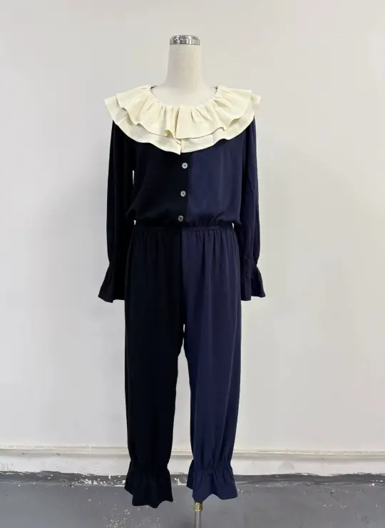 SAMPLE #428 - S Soft Linen Clown Collar Split Jester Jumpsuit - Black / Navy