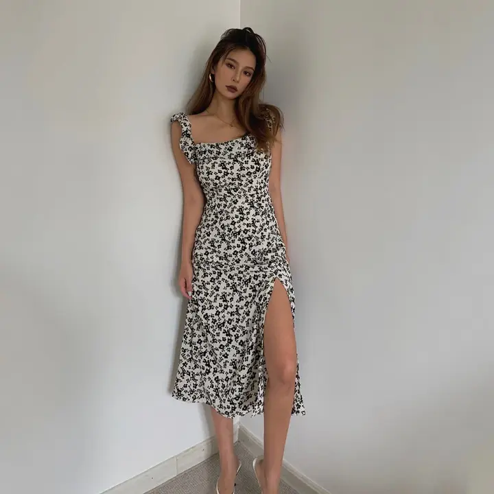 French retro floral tight slit suspender dress slim sexy mid-length skirt over the knee skirt R3036