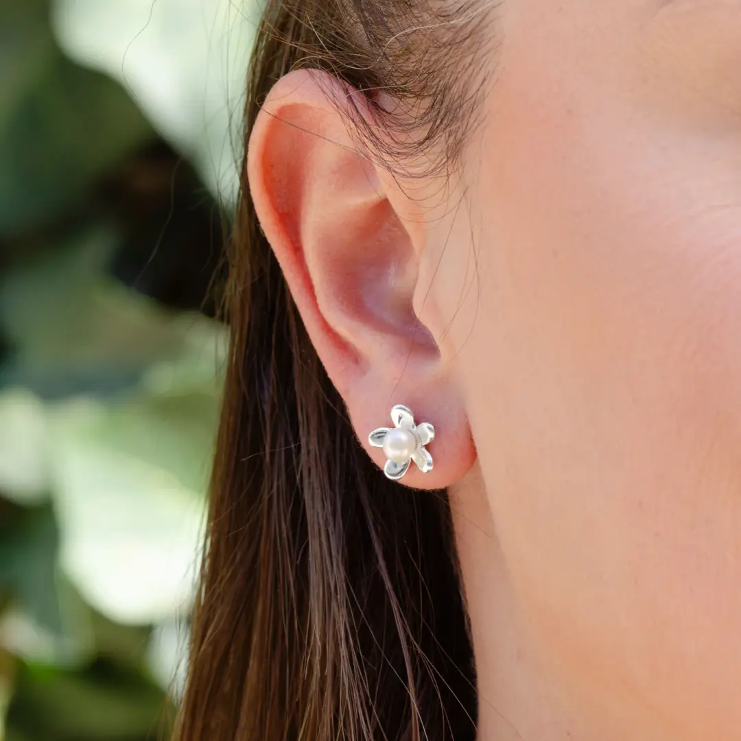 Sterling Silver Faux Pearl Flower Earrings