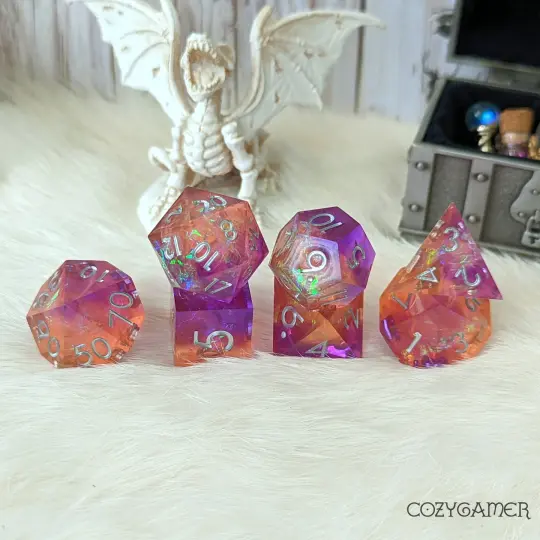 Sunset Sharp Edge Dice Set – 7-Piece Purple Orange Glitter Paper DnD Dice
