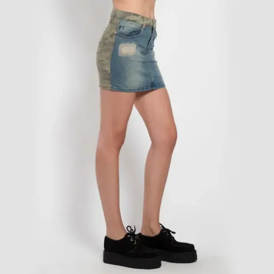 Split Front Distressed Denim & Camo Twill Skirt by Tripp NYC