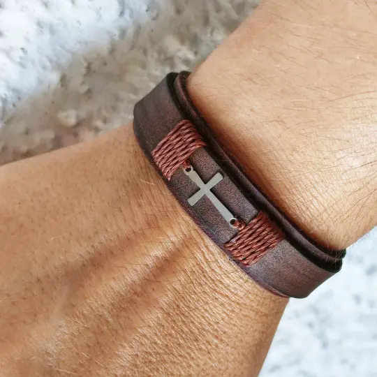 Personalized Leather Cross Bracelet | Extra Space for Engraving