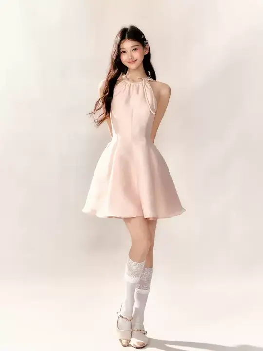 Light Pink Halter Neck Flare Mini Dress with Bow and Beaded Neckline R9227