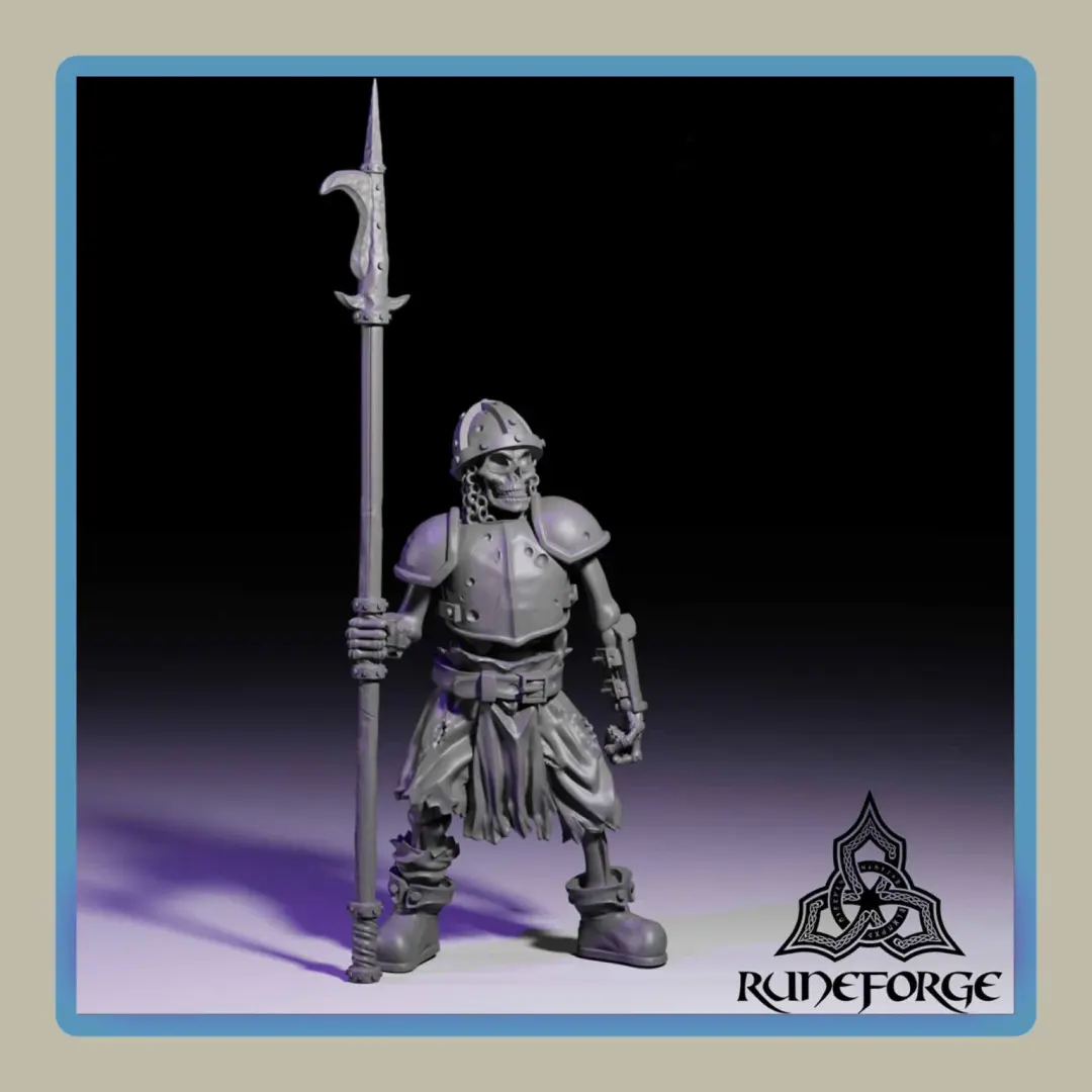 render of 28mm miniature undead armored skeleton with billhook