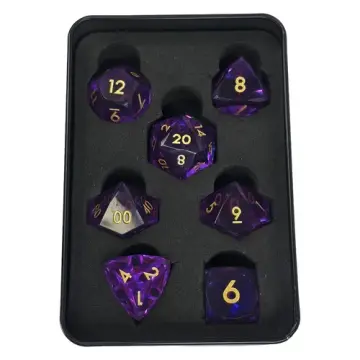 Amethyst purple gem cut resin DnD dice set with gold numbers in a Project Kirtrite metal tin