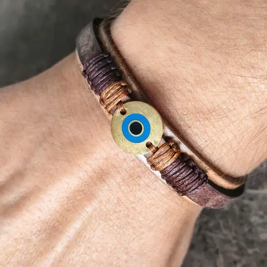 OOAK Evil Eye Leather Bracelet — Dark Oak & Tan