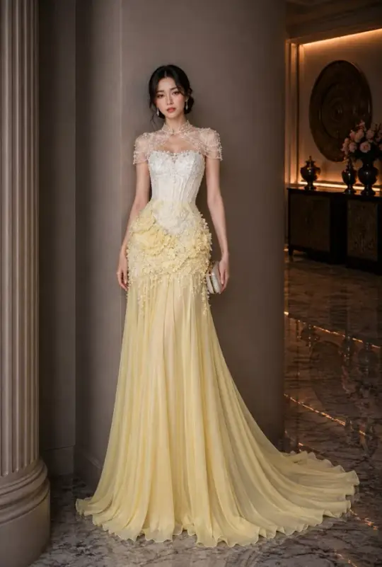 Chiffon Applique Bodycon Prom Gown ,Gentle Pastel Yellow Maxi Evening Dress RS1992