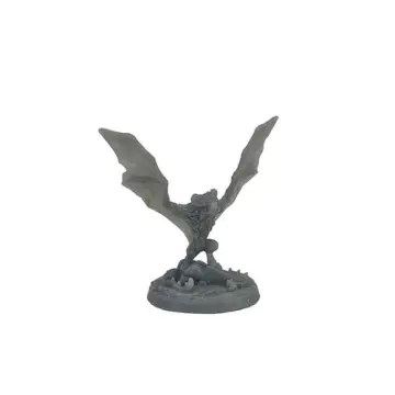 A photograph of an unpainted, 3D-printed grey resin miniature of a giant vampire bat. It stands on a rocky, rubble-strewn base with its large, leathery wings fully extended outward in a dominant pose.
