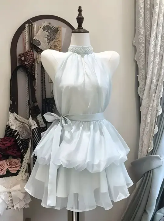 Minimalist White Homecoming Dress , Chiffon Tiered Corset Short Prom Dress Summer Dress RS1664