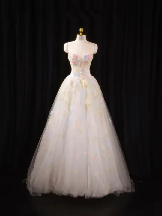 Pink floral strapless cinched waist ball gown with a full skirt, long ball gown, bridal dress R8919