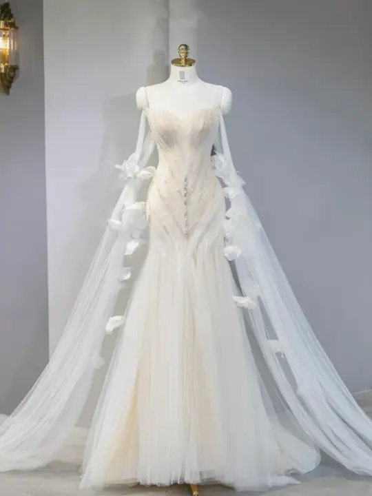 Light apricot strapless fitted waist sexy long ball gown, bridal dress R9042
