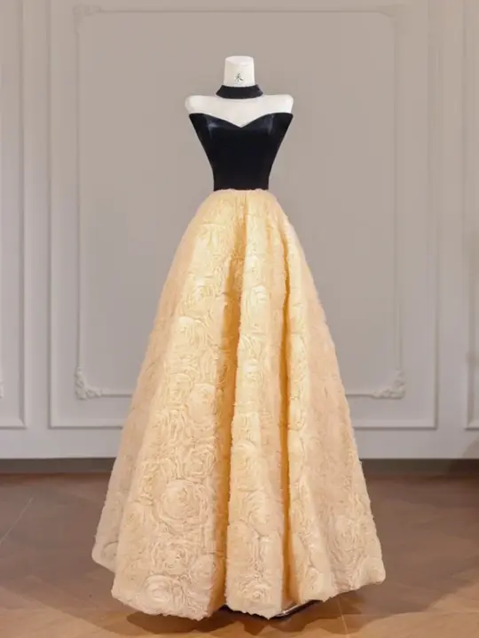Black strapless bodice with apricot rose floral skirt, long ball gown R8264