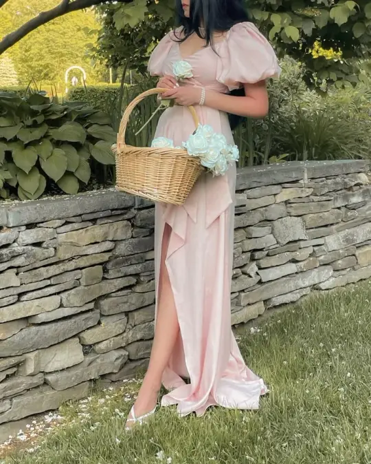 Girlish Puff Sleeves Women's Prom Gown Blush Pink Waist Fitted Maxi Evening Dress Birthday Dress — Fall Outfit 2026 New  RS3240