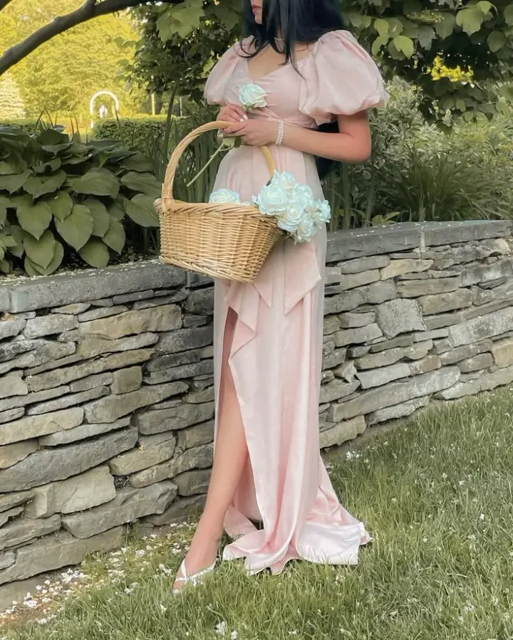 Girlish Puff Sleeves Women's Prom Gown Blush Pink Waist Fitted Maxi Evening Dress Birthday Dress — Fall Outfit 2026 New  RS3240